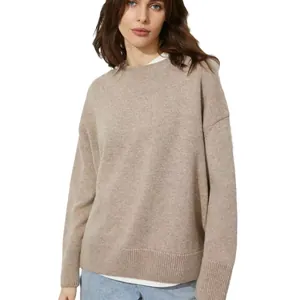 Maglione in maglia beige girocollo da donna, pullover casual morbido per autunno inverno