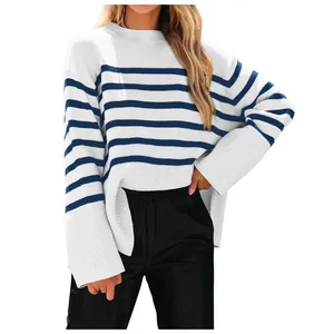 Women Striped Oversized Knitted Sweater Casual Round Neck Wide Sleeve Pullover Autumn Winter Acrylic Knit Top