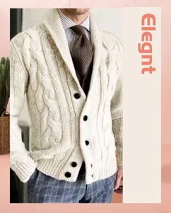 Gros plan d'un cardigan en maille torsadée pour homme avec col châle et boutons