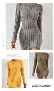Slim fit cable knit sweater dress for women available in grey, yellow, and brown colors.