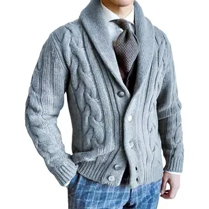 Close-up detail of a gray men's cable-knit cardigan with a sophisticated shawl collar