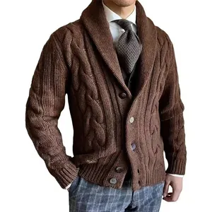 High-quality men's brown cable knit cardigan featuring a stylish shawl collar and buttons