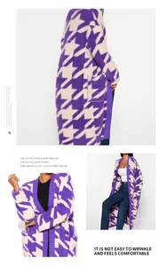 Collage of purple and white houndstooth knitted cardigan showing details and fit