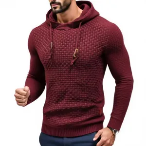 Detail shot of men's maroon hooded knitted sweater showing waffle texture and slim fit design