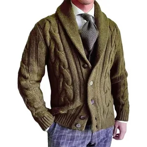 Professional men's olive green cable-knit cardigan sweater with shawl collar and button front.