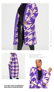 Fashionable purple and cream houndstooth knit long cardigan sweater detailed view