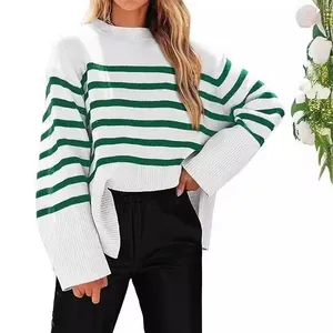 Casual oversized white and green striped knit sweater for women with wide sleeves