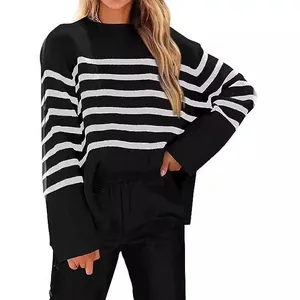 Chic black and white striped oversized knit sweater for women with loose sleeves