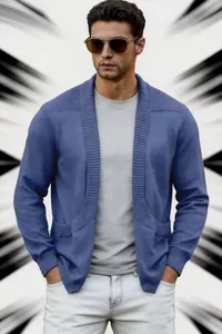 Stilvoller blauer Herren-Strickcardigan mit Schalkragen für lässige Frühlingsmode