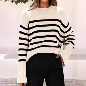 Women's elegant striped knit sweater featuring a loose fit and stylish wide flared sleeves