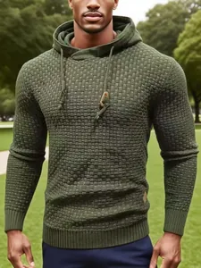 Close-up detail of green textured knit hooded sweater for men featuring a sporty casual design