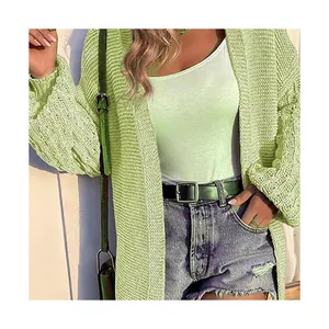 Gilet en maille vert clair à manches lanternes et coupe mi-longue pour femmes