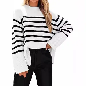 Stylish women's black and white striped oversized knit sweater with cozy wide sleeves