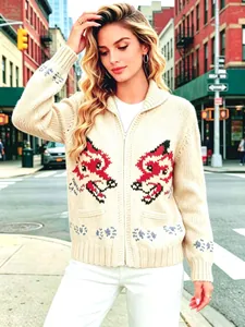 Close-up detail of vintage wolf jacquard zip-up knit cardigan on model in city street view