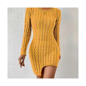 Yellow cable knit round neck slim fit sweater dress with asymmetric hem for autumn and winter