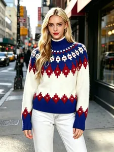 Dettaglio maglione jacquard Fair Isle a collo alto con motivi a rombi da donna
