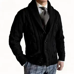 Detailed view of a men's black cable knit cardigan featuring a classic shawl collar design