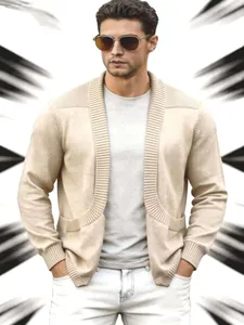 Lässige beige Herrenstrickjacke mit Schalkragen und aufwendigen strukturierten Strickdetails