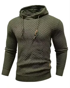 Detail view of olive green men's hooded knit sweater with grid textured pattern