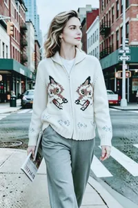 Retro white knit cardigan with double wolf jacquard for a stylish casual autumn look