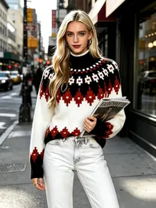 Maglione a dolcevita da donna con motivo Fair Isle in uno scatto rilassato di stile urbano