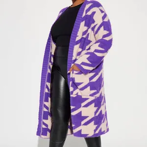 Trendy purple and cream houndstooth fuzzy long knit cardigan with open front design