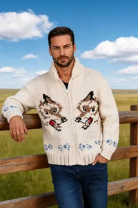 Detailansicht eines grob gestrickten Herren-Cardigans mit Fuchs-Jacquard-Mustern