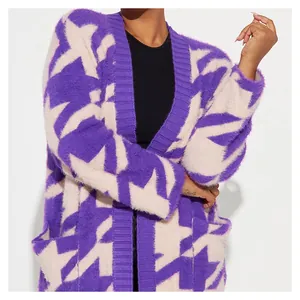 Trendy purple geometric houndstooth oversized knitted cardigan with soft fuzzy texture