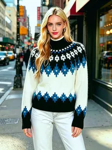 Modella che indossa un maglione jacquard Fair Isle a lupetto con eleganti motivi a rombi
