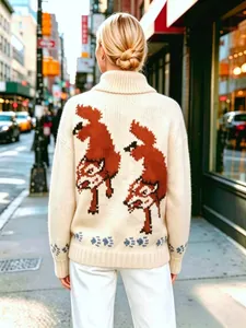 Detailed back view of off-white vintage double wolf jacquard knitted cardigan for women.