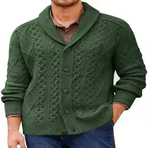 Detailed view of a men's green cable-knit shawl collar cardigan sweater with buttons.