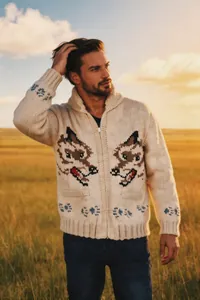 Outdoor-Detailaufnahme eines Herren-Grobstrick-Cardigans mit Wolf-Jacquard-Muster