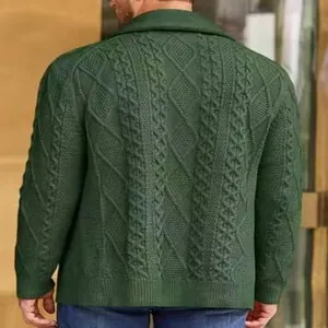 Back view of a men's dark green cable knit cardigan sweater with detailed patterns.
