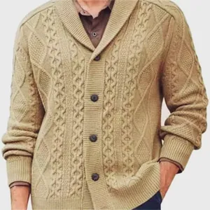 Detailed view of a khaki cable-knit cardigan featuring a shawl collar and buttons.