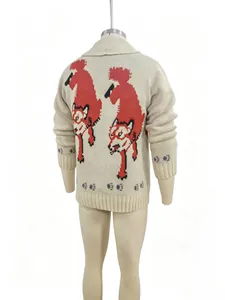 Detailed back view of a vintage cream knit cardigan with red double wolf jacquard pattern.