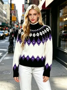 Dettaglio del motivo a rombi Fair Isle viola e nero sul maglione bianco in maglia