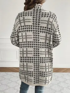 Back view of a long houndstooth knit cardigan with elegant plaid pattern detail