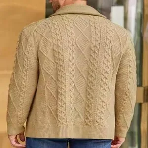 Detail view of men's cable-knit cardigan in beige with classic textured pattern