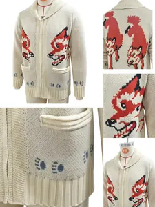 Detailed views of vintage wolf jacquard knitted cardigan with zipper closure and shawl collar