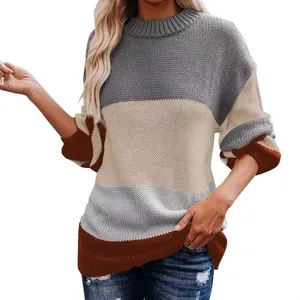 Stylish women's colorblock striped knit sweater with loose fit and casual round neck