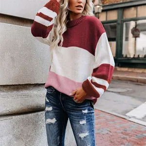 Women's loose crew neck knit sweater with striped color block design for autumn and winter