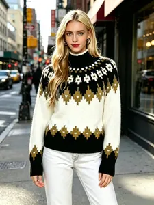 Vista dettagliata del maglione in maglia jacquard Fair Isle da donna con collo alto