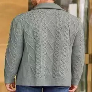 Back view detail of a grey cable-knit cardigan sweater for men business casual style