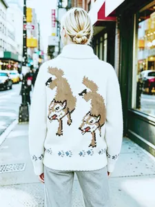 Detailed back view of vintage white cardigan with double wolf jacquard patterns.