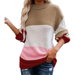 Womens fashion crew neck striped knit sweater oversized color block pullover jumper