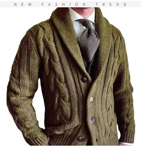 Close-up detail of olive green cable-knit shawl collar cardigan sweater for men