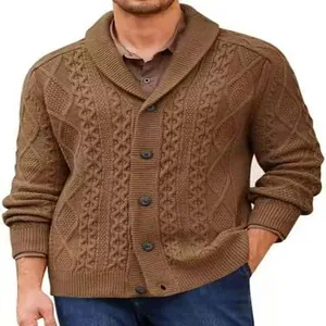 Detailed macro view of the brown cable-knit shawl collar cardigan sweater for men