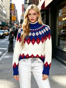 Elegante maglione a dolcevita jacquard Fair Isle da donna con rombi rossi e blu