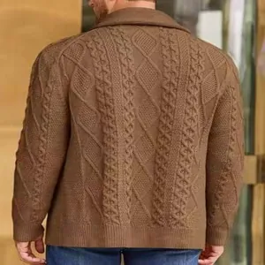 Rear view of brown men's cable knit cardigan sweater with textured patterns