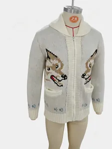 Close-up view of a white knitted zip-up cardigan featuring vintage twin wolf jacquard patterns